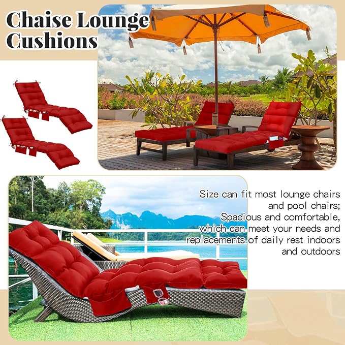Kigley 2 Pcs Outdoor Chaise Lounge Cushions with 3 Side Pocket 74.5 x 22 x 4.7 Inch Patio Chaise Lounge Cushion, Water-Repellent and Fade-Resistant Tufted Summer Replacement(Red)