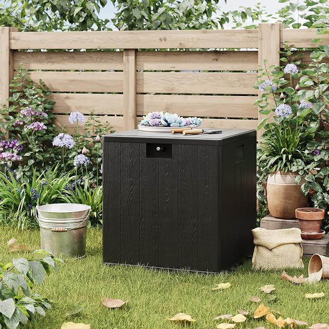 28 Gallon Outdoor Deck Box, Lockable Waterproof Outdoor Resin Box with Lid, Patio Storage Bin for Patio Furniture, Garden Tools, Pool Accessories - Brown