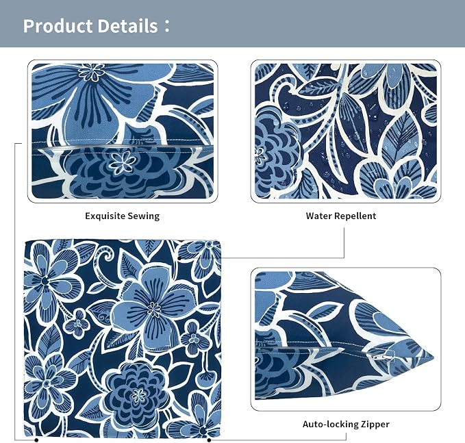 Outdoor Throw Pillow Covers 16x16 Inch, Square Patio Pillow Cases Pack of 2, Modern Decorative Back Cushion Covers for Patio Furniture Garden Couch Farmhouse,Flower Navy