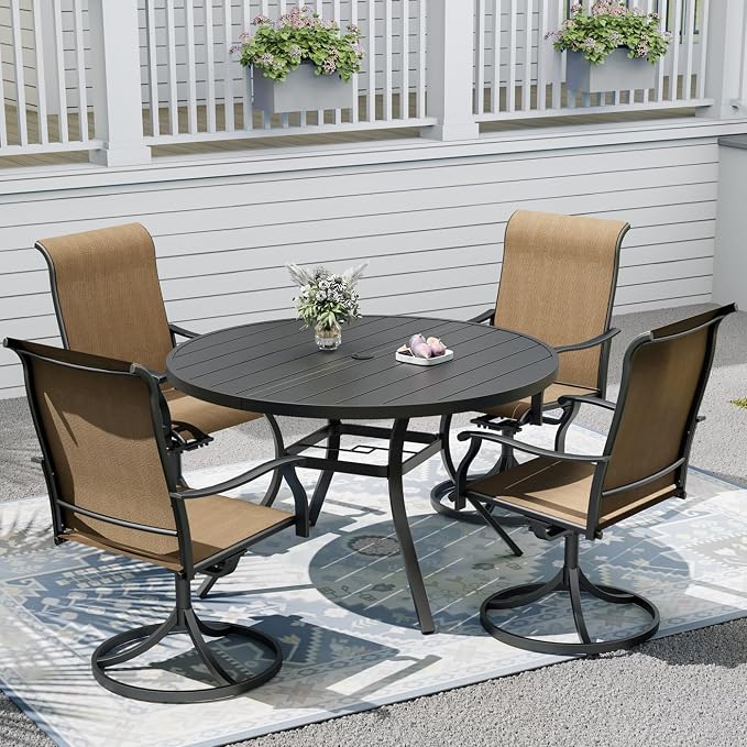 Outdoor Dining Table with 4PCS Swivel Chairs,48"x 48"x 28" Round Patio Table with Adjustable Umbrella Hole,Stable Patio Dining Set for Home or Outside