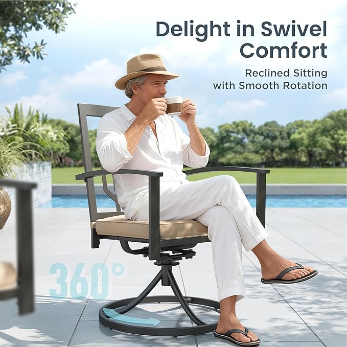 PHI VILLA 7 Pieces Outdoor Dining Set for 6, 65" Rectangular Wrought Iron Wood-Like Table with Umbrella Hole & Swivel Metal Steel Chairs, Outside Furniture Set for Patio, Porch, Deck, Backyard