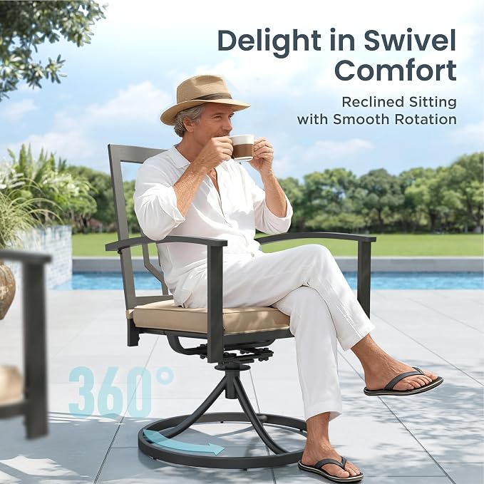 PHI VILLA Patio Dining Set, Swivel Chairs&Round Steel Table | Swivel Metal Steel Chairs with Cushions, Large Modern Furniture for Patio, Deck, Backyard, Porch