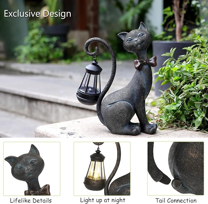 Cat Outdoor Statues with Solar Garden Light:Cat Garden Statues for Outside Fall Decor Clearance,Outdoor Figurine for Yard Art Lawn Ornaments Patio Balcony Home House - Birthday Gifts for mom Grandma