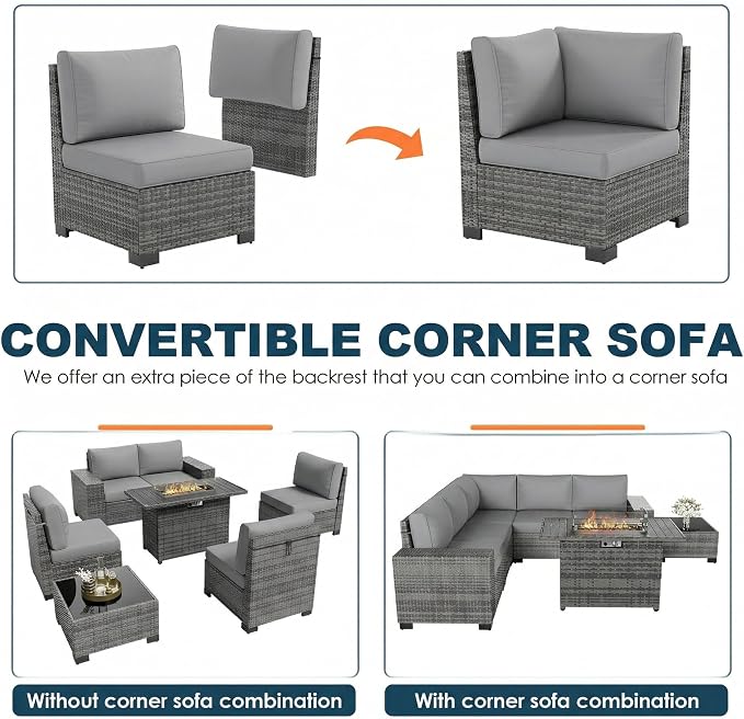 7 Piece Patio Furniture Set with Fire Pit Table, Outdoor Conversation Sets Wicker Rattan Sectional Sofa with Coffee Table, 4'' Thickened Cushion Dark Grey