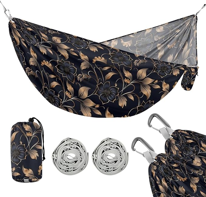 Camping Hammock Outdoor Hammocks for Outside Navy Gold Flower Beach Trees Portable Lightweight with Pockets Tree Straps Indoor