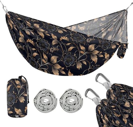 Camping Hammock Outdoor Hammocks for Outside Navy Gold Flower Beach Trees Portable Lightweight with Pockets Tree Straps Indoor