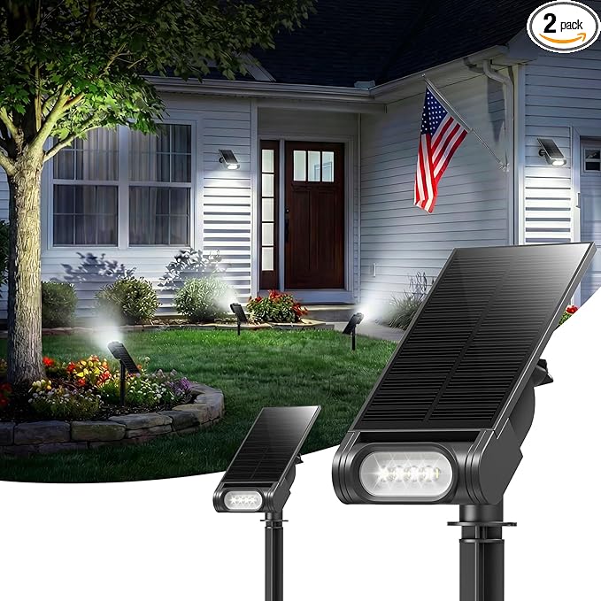 EZVALO Solar Spot Lights Outdoor IP67 Waterproof, Adjustable Solar Landscape Lights, 3 Lighting Modes Solar Spotlights for Outside Yard Garden Plant Trees Pathway Flag (Cool White-2Pack)