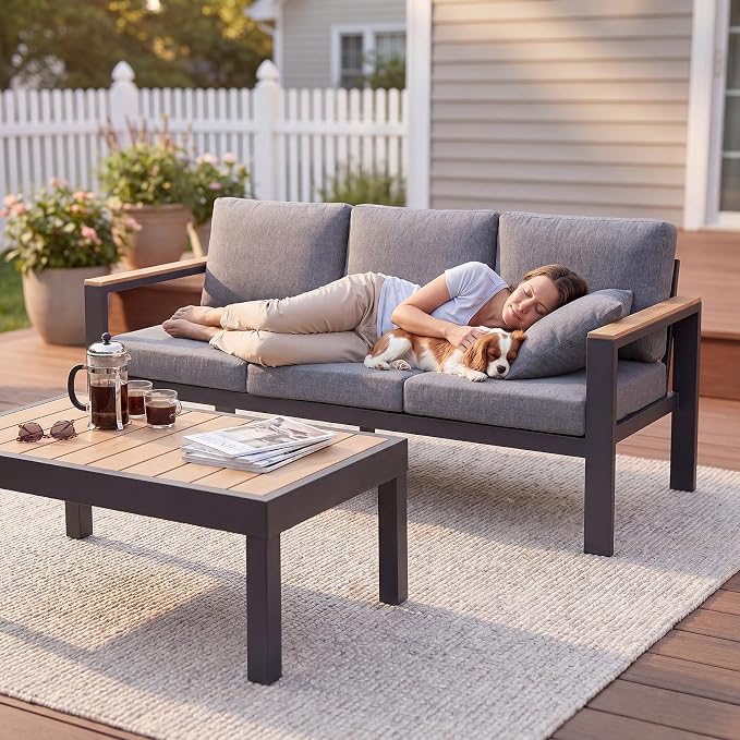 4-Piece 4-Seater Aluminum Patio Furniture Set,Outdoor Patio Table and Chairs Set with 2 Single Chairs+Loveseat+Coffee Table, 1.5mm Thick Rustproof Frame, Waterproof Washable Cushions for Porch Deck