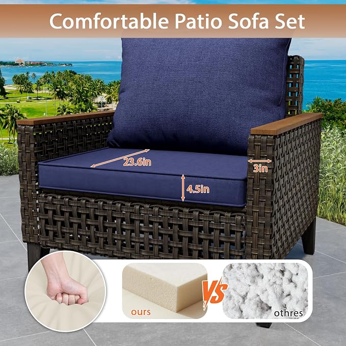 8 Piece Patio Sectional Sofa Set with 50000 BTU Fire Pit Table, All-Weather Wicker Rattan Outdoor Conversation Set, High Back, for Garden, Porch, Poolside, Blue