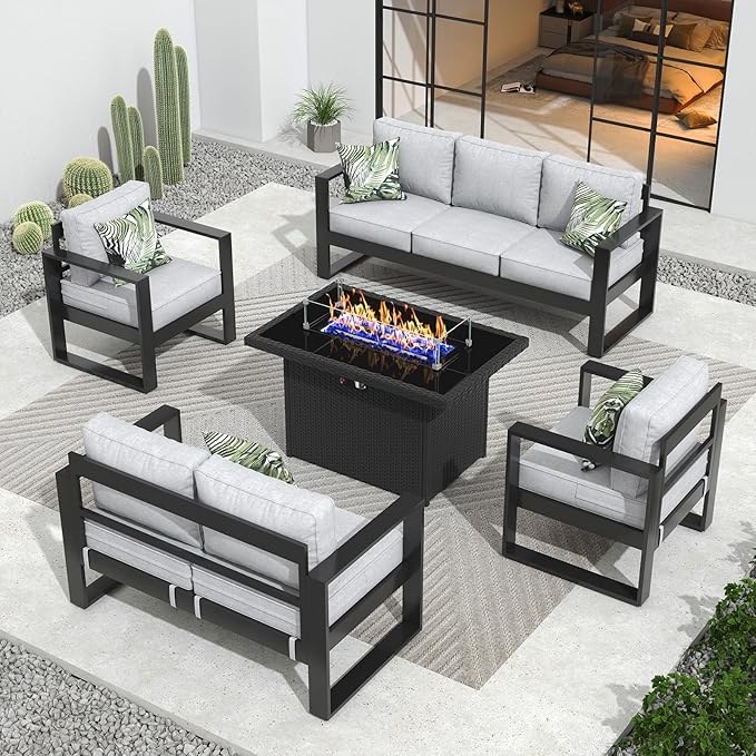 Outdoor Aluminum Furniture Set with Fire Pit Table - 5 Pieces Modern Patio Conversation Sets Metal Sectional Sofa Set
