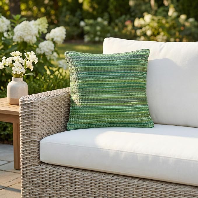 Fab Habitat Outdoor Premium Recycled Plastic Pillow - Waterproof, Fade Resistant - Striped - Patio, Porch, Deck, Balcony - Cancun - Green - 16.5" x 16.5"
