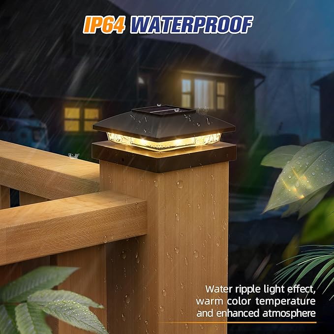APONUO Solar Post Cap Lights for 4x4 Posts - IP64 Waterproof, 3000K LED, No-Wire Fence Lights & Deck Lights for Patio Garden Yard Patio, Black-Warm White, 24 Pack