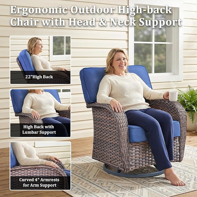 Patio Furniture Set, 5PCS Outdoor Wicker Conversation Set, High Back Rattan Sofa & Swivel Rocker Chairs, Weather Resistant Olefin Fabric for Garden, Poolside Brown/Blue