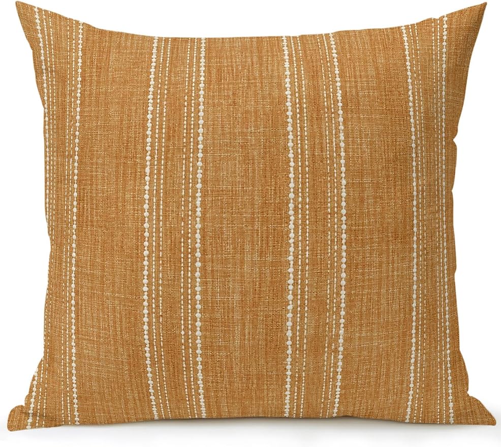 Waterproof Outdoor Pillow 1 Pack Orange Linen Stripes Decorative Throw Pillows Cover & Insert 18x18 Inch Pillowcase Parallel Vertical Lines Pillows for Couch Sofa Bed Patio Furniture Indoor Outdoor