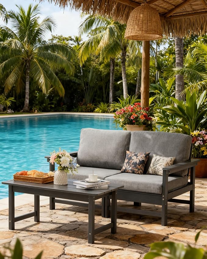 HDPE Outdoor Loveseat Patio Furniture Set with Cushions, 3 Piece Patio Conversation Set Sofa Set,All Weather Outdoor Couch Set with Coffee Table for Lawn, Garden, Deck