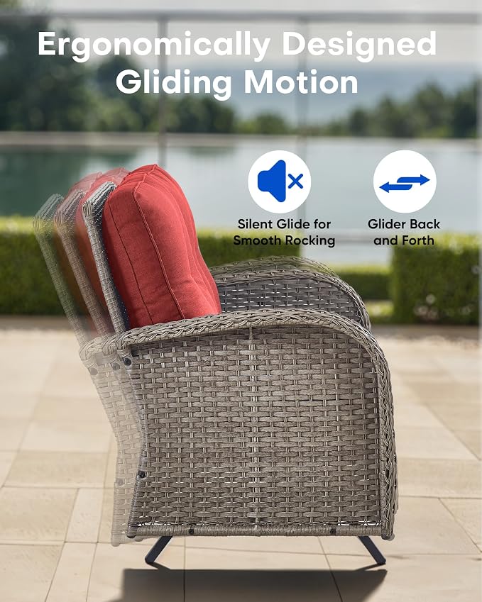 6 Pieces Patio Wicker Furniture Set-Outdoor Swivel Chairs Set of 2 Outdoor Glider Love seat with Outdoor Footstool Patio Furniture for Deck Porch Garden Balcony Poolside-Grey/Red