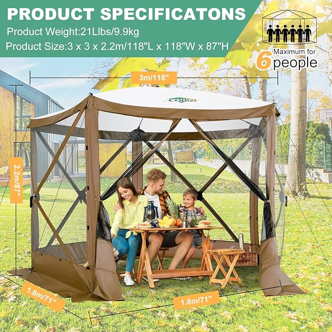 COBIZI 10x10 FT Pop up Gazebo, Popup Canopy Tent, Screened in Gazebos, Waterproof Portable Outdoor Small Screen Tents Sun Shelter,carpas para Patio for Camping, Garden and Backyard,Brown