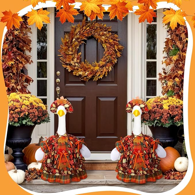 Suzile Fall Maple Porch Goose Outfit Autumn Goose Clothes for 23 Inch Cement or Plastic Geese Costume for Yard Lawn Outdoor Garden Patio Concrete Duck Statue Dress Thanksgiving Party Holiday Decor