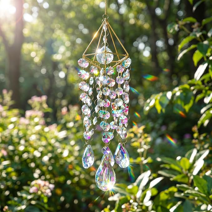 Crystal Suncatcher for Windows Hanging Glass Wind Chimes Whimsical Decor | Hand-plated,Prism Sun Catcher with Crystals,Rainbow Maker for Ceiling Garden Home Indoor Outdoor,Gift For Women