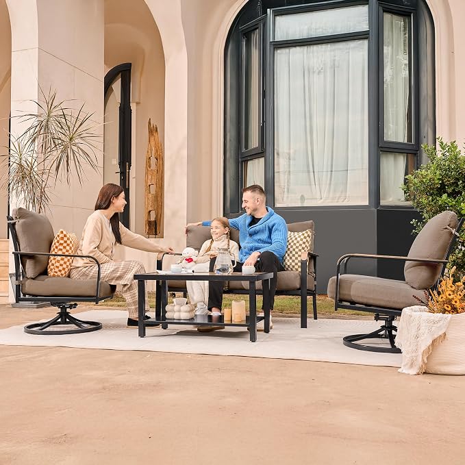 NATURAL EXPRESSIONS Patio Furniture Sets,4 Pieces Metal Outdoor Conversation Sofa Set with High Back Swivel Rocking Chairs with Anti-Scald Armrest,Double-Deck Wooden-Grain Table,6" Cushions for Yard