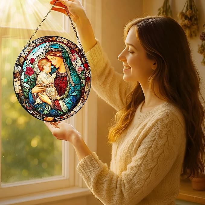 8 Inch Virgin Mary Stained Glass Suncatcher, Stained Glass Window Hanging, Christian Window Hanging Decor, Suncatchers for Windows Door Home Decor and Christmas, Christian Gift, Religious Gift