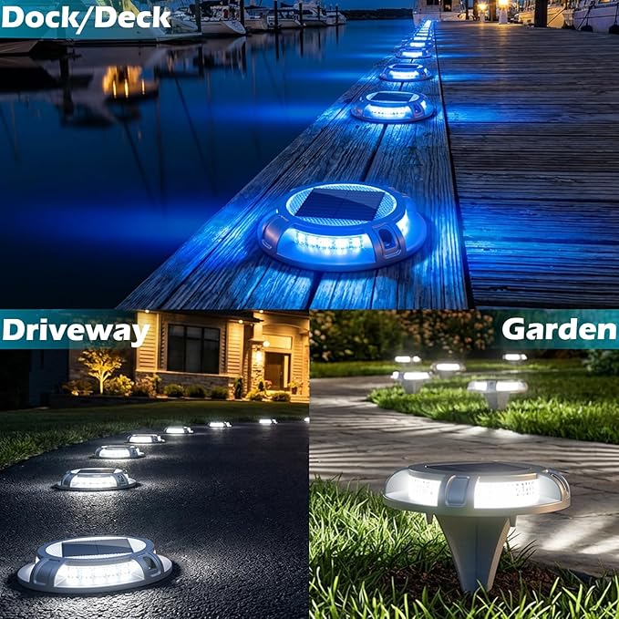 SIEDiNLAR Solar Driveway Lights Outdoor 4 Modes 40 LEDs Marine Dock Light Deck Driveway Markers Waterproof for Garden Step Ground Walkway Pathway Yard, Blue/White Dynamic Lighting (1 Pack)