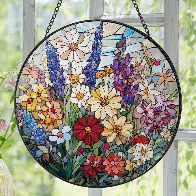 Colorful Wildflowers Suncatcher Stained Glass Window Hanging | 7.9 in, Sun Catcher, Garden Decor