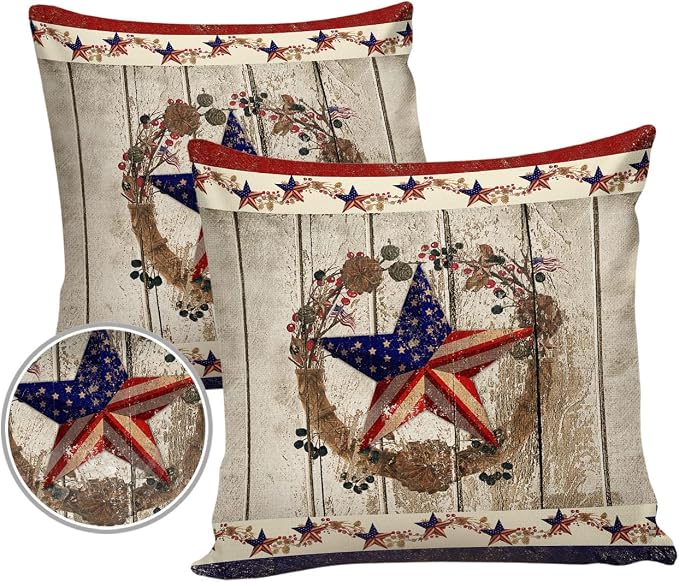 4th of July Outdoor Waterproof Throw Pillow Cover Farm Country Star USA Flag Decorative Pillows Cushion Covers Berry Plant Wreath Wood Grain 2 Pack Pillow Cases for Patio Garden Balcony 16x16In