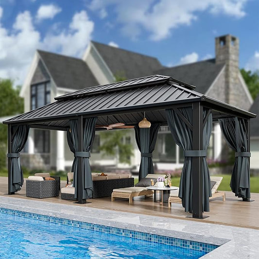 HOTEEL 12x20 Hardtop Gazebo on Clearance with Metal Roof, Heavy Duty Galvanized Steel Patio Hard Top Gazebos, Outdoor Permanent Screened in Gazebo with Curtains, for All-Weather, Backyarad, Black(Pro)