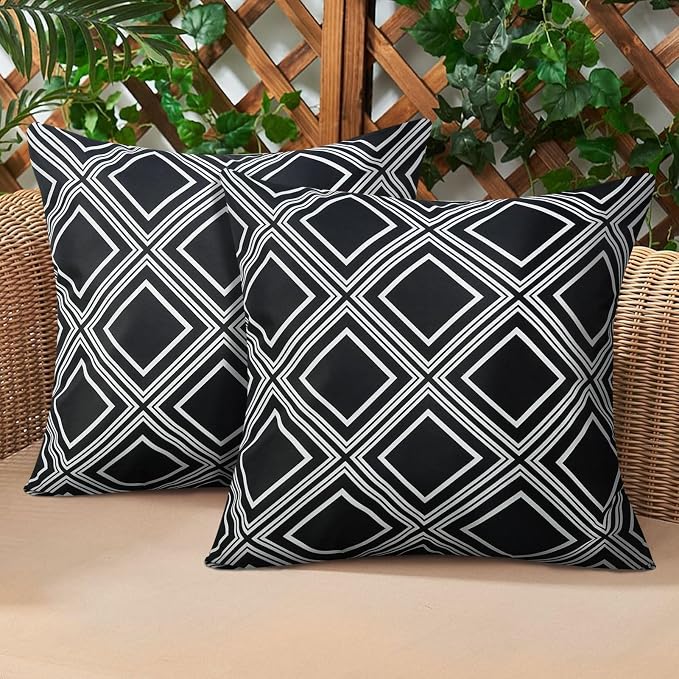 Outdoor Waterproof Black Pillow Covers Set of 2 Farmhouse 18x18 Inch | Outdoor Pillow Covers Patio Furniture Farmhouse Garden Porch Bench Sofa