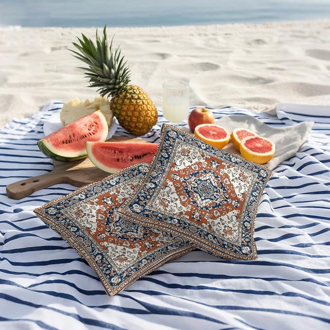 Orange Blue Boho Southwestern Outdoor Pillow Covers 18x18 Inch Throw Pillow Covers Set of 2 Waterproof Decorative Pillow Cases Traditional Ethnic Classical Cushion Covers for Patio Furniture Garden