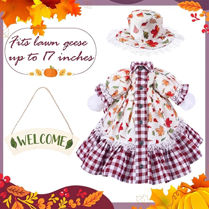 FuWeave Fall Porch Goose Outfit Maple Goose Costume Fancy Porch Geese Clothes with Wide Hat for 23" 17" Outdoor Patio