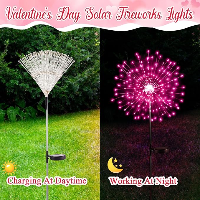 Tujoe 6 Pcs 4th of July Solar Firework Lights Patriotic Solar Light Outdoor Garden 120 LED 8 Modes Waterproof LED Sparkler Light for 250th Anniversary Patio Yard Pathway Walkway (Red,Pink)
