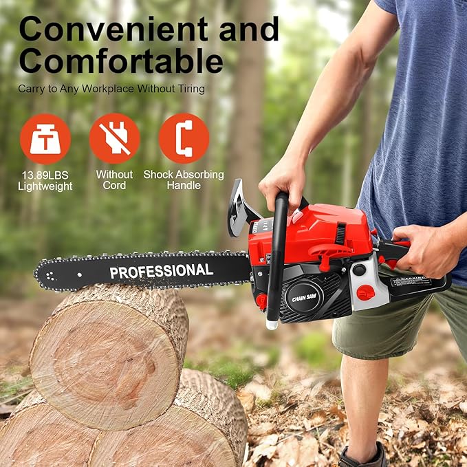 Gasoline Chainsaw, 20 Inch 2-Stroke Single Cylinder 58CC Power Portable Petrol Chain Saws, 2KW Handheld Chainsaw, Portable Sawmill for Wood Cutting, Forest Felling