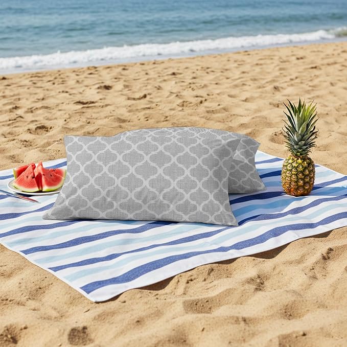 Grey Moroccan Outdoor Pillow Covers 20x12 Inch Lumbar Pillow Covers Set of 2 Waterproof Decorative Throw Pillow Cases Vintage Ethnic Abstract Geometric Stripes Cushion Covers for Patio Furniture