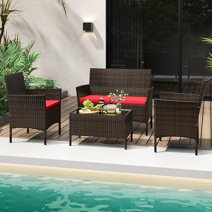 Tangkula 4 Piece Patio Rattan Conversation Set, Outdoor Wicker Furniture Set with Chair, Loveseat & Tempered Glass Table, Cozy Seat Cushions, Outside Sectional Sofa Set for Backyard, Porch (1, Red)