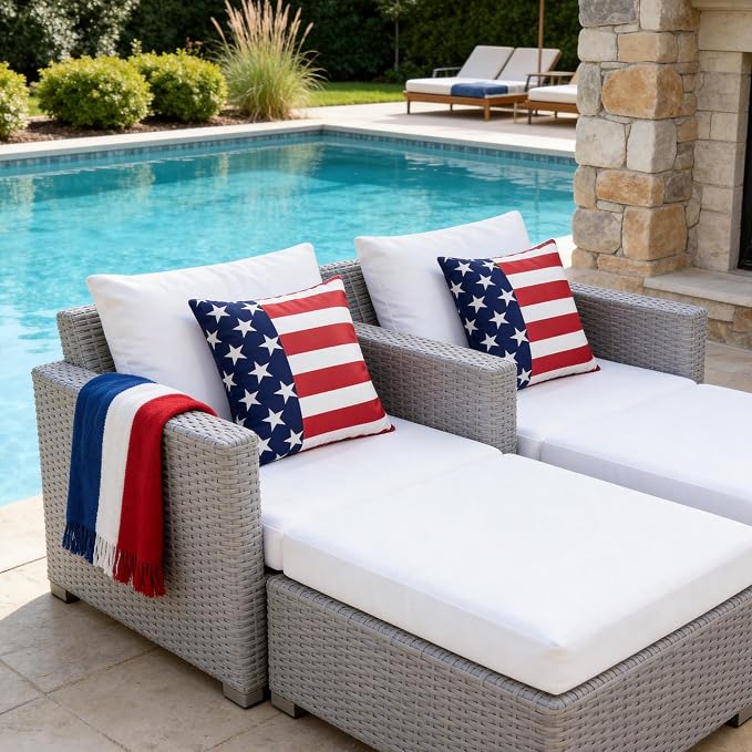 4th of July Pillow Covers 18x18 Inch Set of 2 | Patriotic Outdoor Throw Pillow Covers, American Star Red Blue Stripe Decorative Cushion Case for Independence Memorial Day