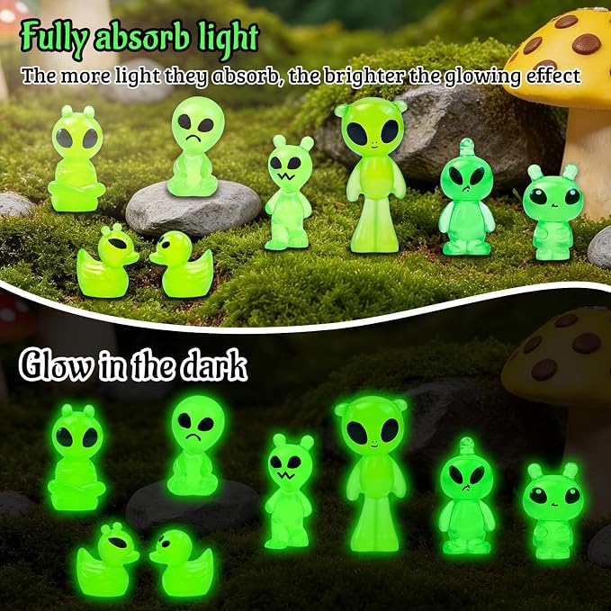 44 Pcs Luminous Mini Resin Alien Figures Glow in the Dark Alien Statues Miniature Figurines for Outer Space Party Micro Landscape Decor