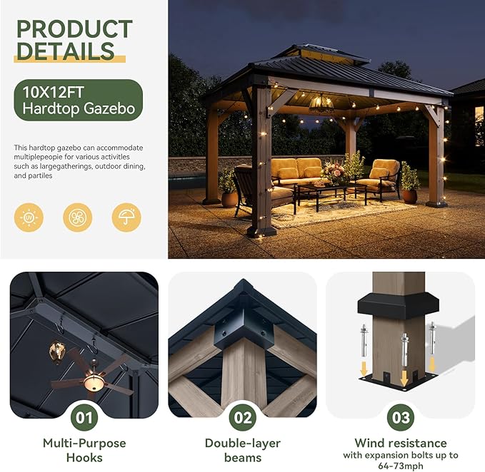 Aoxun 10' x 12' Outdoor Wood Gazebo, Hardtop Gazebo with Galvanized Steel Double Roof, Permanent Wooden Pavilion with Ceiling Fan, for Patio, Garden, Deck, Cedar Wood, Grey