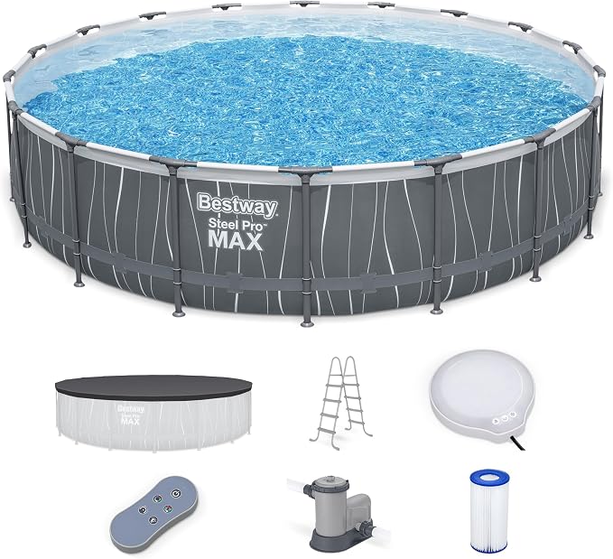 Bestway Steel Pro MAX 18' x 48" Above Ground Pool, Round Metal Frame Outdoor Swimming Pool Set with LED Light, Filter Pump, Ladder, & Cover, Dark Gray