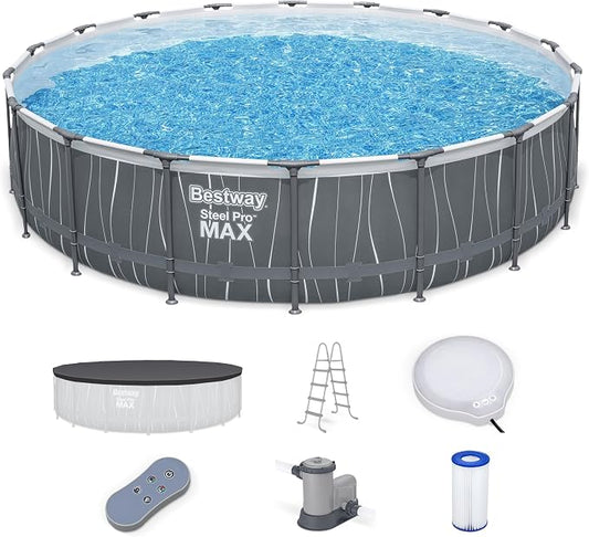 Bestway Steel Pro MAX 18' x 48" Above Ground Pool, Round Metal Frame Outdoor Swimming Pool Set with LED Light, Filter Pump, Ladder, & Cover, Dark Gray