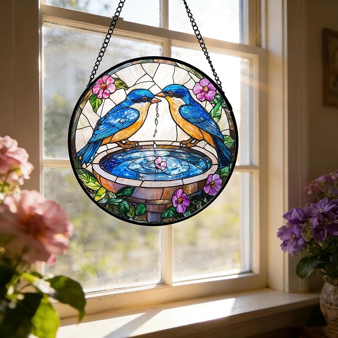 DASTOLL Stained Glass Window Hanging, 2 Blue Birds Suncatcher Diamond Glass Panel Hangings Bird Lover Sun Catchers Decor for Birthday for Women, Men, Wife, Aunt, and Mom 11.8x11.8 in
