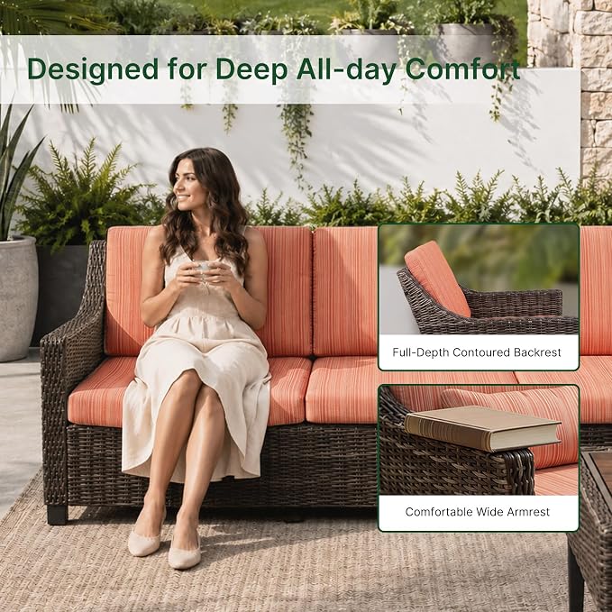 Wicker Patio Conversation Set, Outdoor Patio Chair Set with Deep Seating, Wide Armrests & Thick Cushions, All-Weather Outdoor Furniture Set for Patio, Porch, Deck & Backyard
