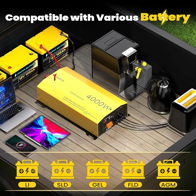 4000W Pure Sine Wave Inverter 12V DC to 120V AC Converter for Home, RV, Truck, Off-Grid Solar Power Inverter Built-in 3.1A USB, Type-C Port, AC Hardwire Output Port, Remote Control with LCD Screen