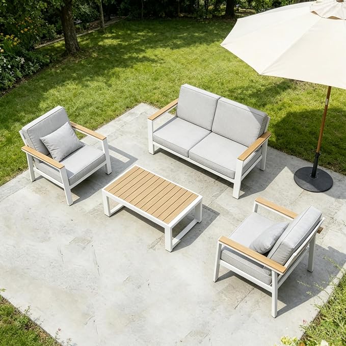 Aluminum Patio Furniture Set, Modern Metal Outdoor Conversation Sectional Sofa with Washable Thick Cushions, Coffee Table and Waterproof Cover (White, 1088-4seat)