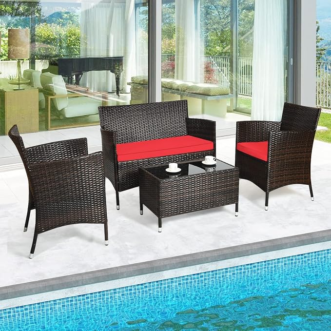 GLACER 4 Pieces Rattan Conversation Set - Patio Furniture Set W/High-Elasticity Cushion & Tempered Glass Center Coffee Table, Outdoor Wicker Sofa Chair Set for Garden, Porch, Poolside & Backyard