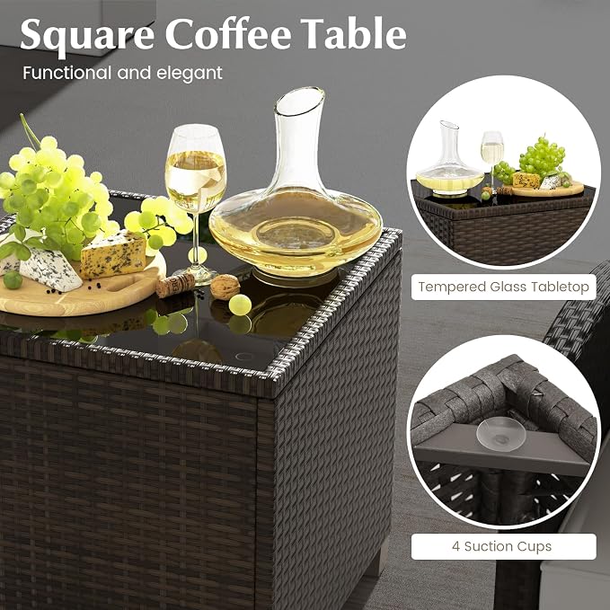 KOTEK 5 Pieces Patio Furniture Set with Ottomans, Wicker Patio Conversation Set with Coffee Table & Cushions, PE Rattan Outdoor Lounge Chairs for Backyard, Porch, Poolside (Mix Brown- Off White)
