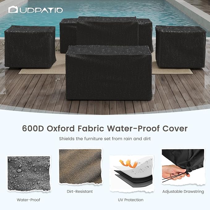 UDPATIO Aluminum Patio Furniture Set, Faux Wood Grain Modern Outdoor Furniture, 6" Cushions Metal Patio Conversation Sofa with Fire Table for Poolside Deck, 8 PCS, Dark Grey(Include 600D Covers)
