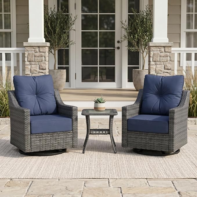 3-Piece Outdoor Patio Furniture Set, Grey Wicker Conversation Set with 2 Swivel Chairs and Side Table, 6-Inch Blue Olefin Cushions for Porch, Deck, Balcony