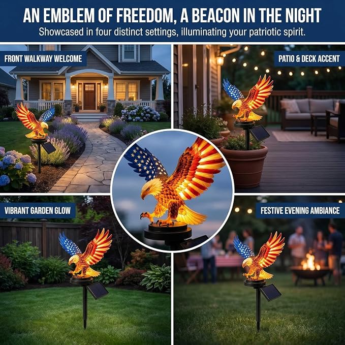 Solar Eagle Garden Light, Outdoor Patriotic Stake 250th Anniversary America Eagle Sculpture Waterproof Light for Fourth of July Memorial Day Yard Lawn Pathway Decor 1 Pack